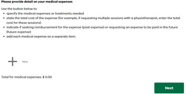 Screenshot from Financial Assistance Scheme application showing a grey button where you can add detail on your medical expenses.