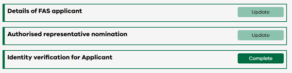 Screenshot of a Financial Assistance Scheme application showing 3 seperate modules. 2 of them have been completed, so they have the 'update' button next to them. One of them hasn't been completed, so it has 'complete' on the button next to it.