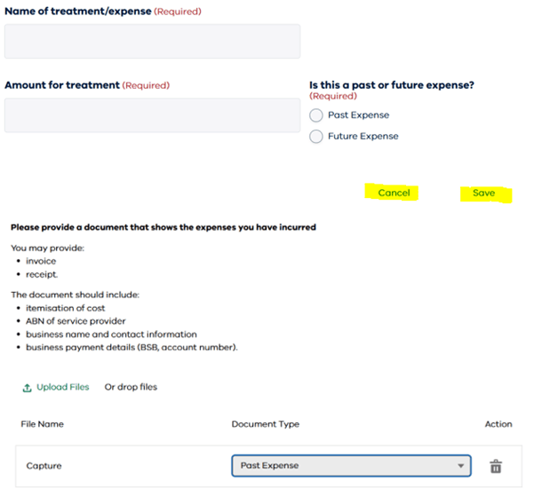 Financial Assistance Scheme application screenshot highlighting the cancel and save buttons when a user has selected to add a new detail.